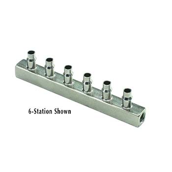 Block Manifold #10-32 Threads, 1/8" ID Barbs, 10-Station (BTT4-10)